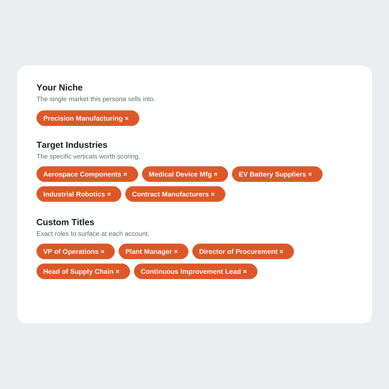 Targeting setup showing your niche, target industries, and custom job titles as tags